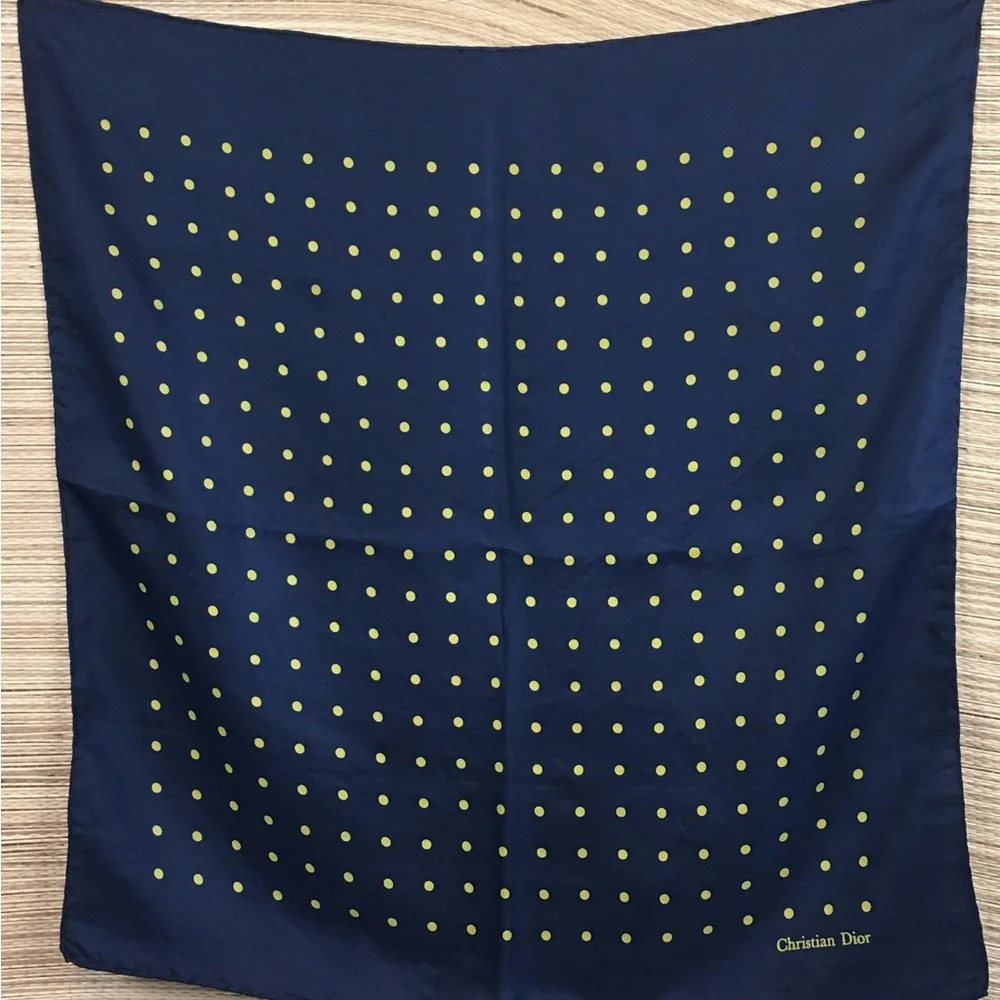 Authentic Christian Dior Silk Scarf - Navy Blue /Yellow Polka Dots Timeless